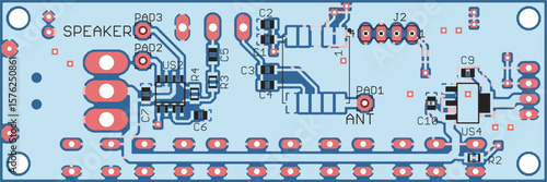Vector printed circuit board of electronic 
device with components of radio elements, 
conductors and contact pads placed on pcb. 
Engineering technical drawing. Computer technic cad design.