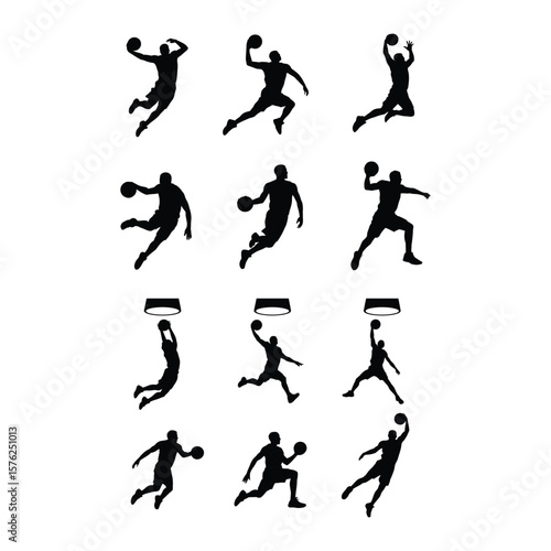 Collection of dynamic basketball player silhouettes in action silhouette