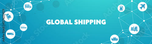 Global shipping and supply chain vector illustration. Abstract concept with world map background and connected icons related to international import and export, distribution and transportation.