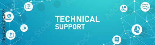 IT support vector illustration. Blue concept with icons related to IT helpdesk, hotline or helpline, remote or online tech support, technical assistance, specialist software support.