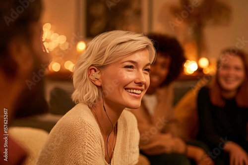 Woman Smiling Listening to Music with Earbuds Cozy Gathering
