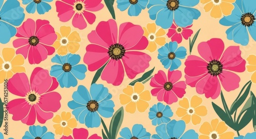 Vibrant Retro Flower Pattern with Pink Blue and Yellow Blooms