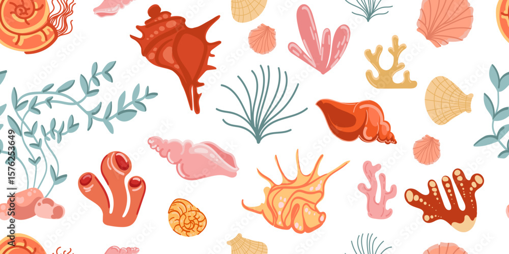 Obraz premium Ocean Themed sea shells Seamless pattern with coral, and underwater plants in flat hand drawn style on white background.Repeating Tropical Sea Life Pattern in Flat Design. Vector illustration