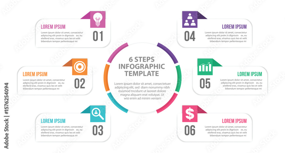 Naklejka premium 6 step business infographic template with arrows and flowchart elements. ideal for visualizing strategy, development, and planning in corporate presentations. clean, modern vector design.