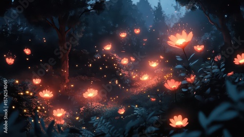 Wallpaper Mural Glowing Flowers in Dark Forest Torontodigital.ca