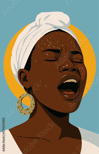 Emotive digital illustration of a Black woman with white headwrap and large earrings, singing with closed eyes and sweat on face, minimalist blue background