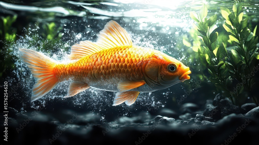 Naklejka premium Golden Fish Underwater Scene