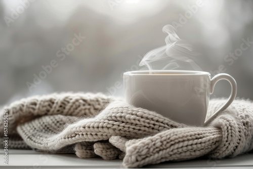 Wallpaper Mural Hot cup of coffee resting on warm knitted mittens by winter window   Torontodigital.ca