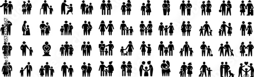 Diverse Family Icons Modern, Bold, Black Glyph Style Illustrations Representing Various Family Structures and Dynamics.

