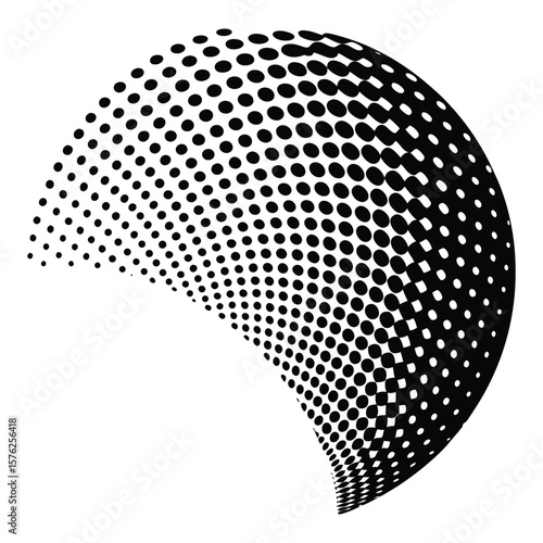 Abstract curved halftone dot pattern with a gradual fade from solid to transparent suitable for graphic design backgrounds and textures