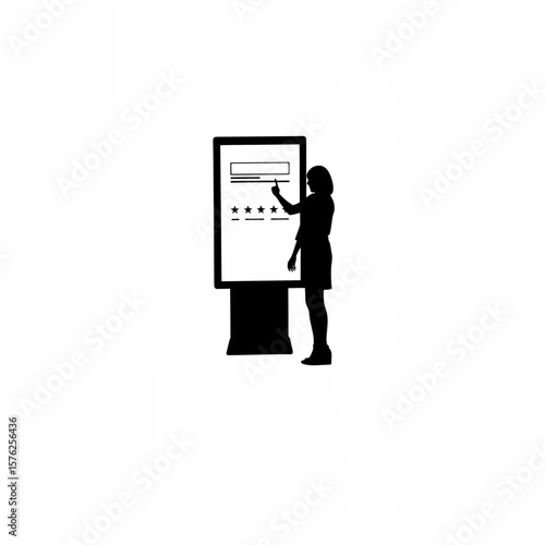 Silhouette of woman giving feedback on touchscreen panel on white background