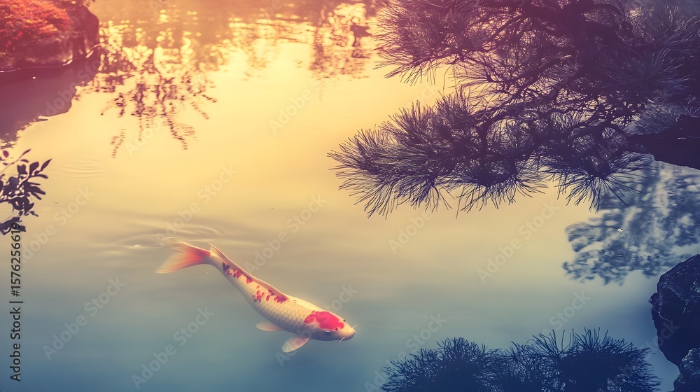 Obraz premium Serene Japanese Garden Pond with a Graceful Koi Fish Swimming Amidst Golden Water Reflections and Silhouetted Pines