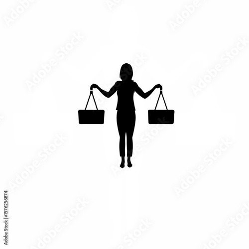 Silhouette of woman holding imaginary choices in both hands on white background
