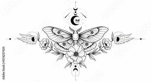 Detailed Moth and Floral Arrangement with Skull and Wings Illustration