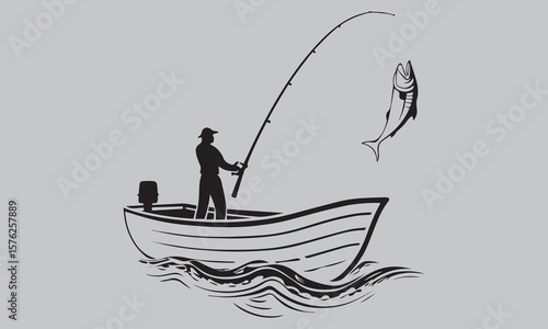 Fishing Man Catching Jumping Fish Silhouette vector 