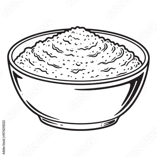 Black and white illustration of a bowl filled with mashed potatoes or rice