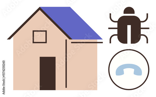 House with a blue roof and pest icon representing infestation, alongside a telephone icon. Ideal for home maintenance, pest control services, sanitation, infestation alert, online services, property
