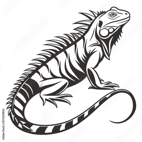 Stylized black and white iguana silhouette isolated on white background