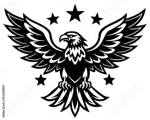 Majestic eagle with wings spread and stars silhouette isolated on white background