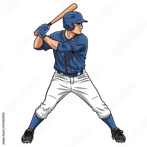 Illustrated Baseball Player in Action Stance Ready to Swing for Creative Projects