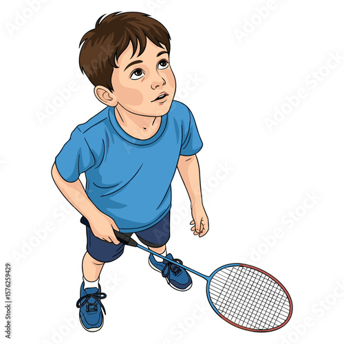 Young boy badminton player with racket looking up full body illustration