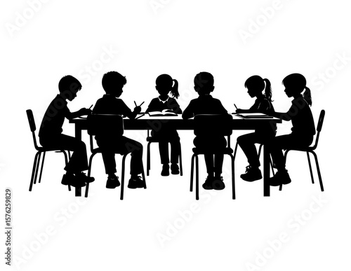 Group of six kids gathered around table engrossed in reading book together, perfect for educational materials or storytelling concepts.
