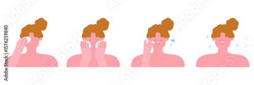 set of woman removing makeup, washing face and applying skincare