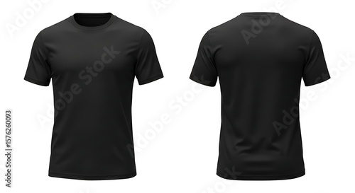 Front and back view of a plain black tshirt isolated on white background