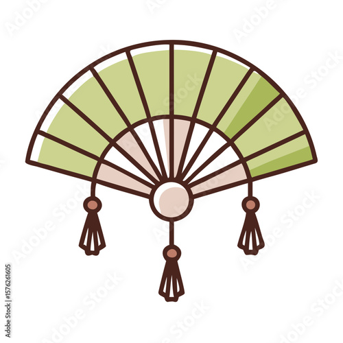Decorative green hand fan with tassels and traditional design  