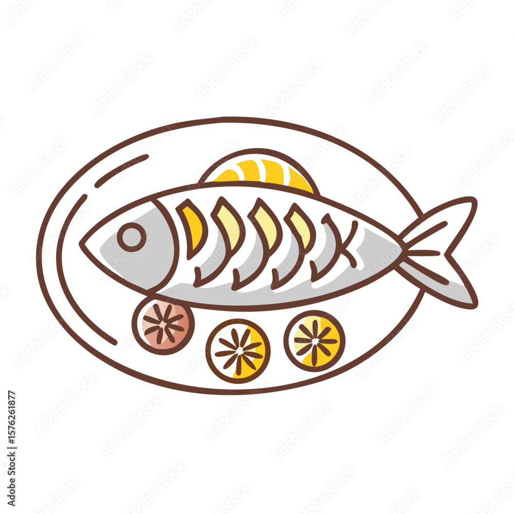 Fototapeta premium Fish dish garnished with lemon slices on a white plate 