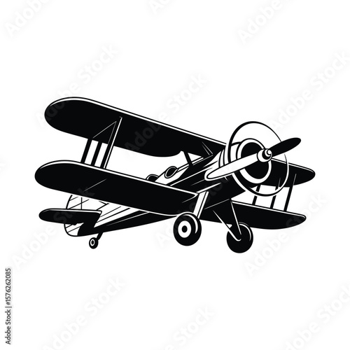 Vintage biplane aircraft silhouette flying isolated on white background