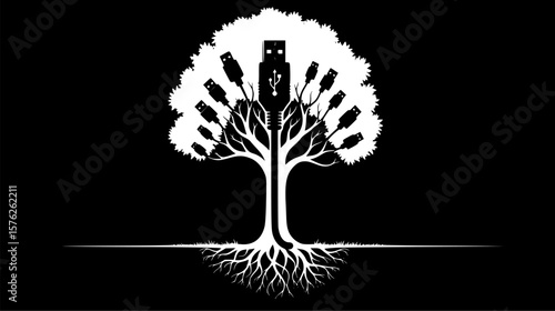 A stylized tree with usb ports as leaves and a usb connector as its trunk represents the deep integration of technology and data in modern life