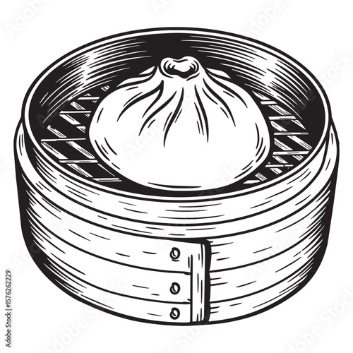 Hand drawn illustration of a delicious steamed chinese dumpling inside a bamboo steamer basket.