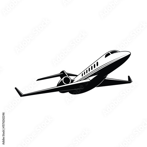 Sleek private jet aircraft in flight silhouette isolated on white background
