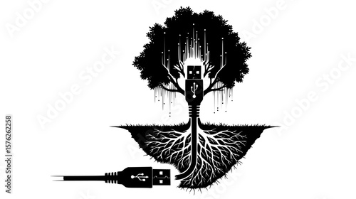 A conceptual illustration features a tree with a usb port in its trunk and a detached usb cable nearby, representing the connection and disconnection in the digital age