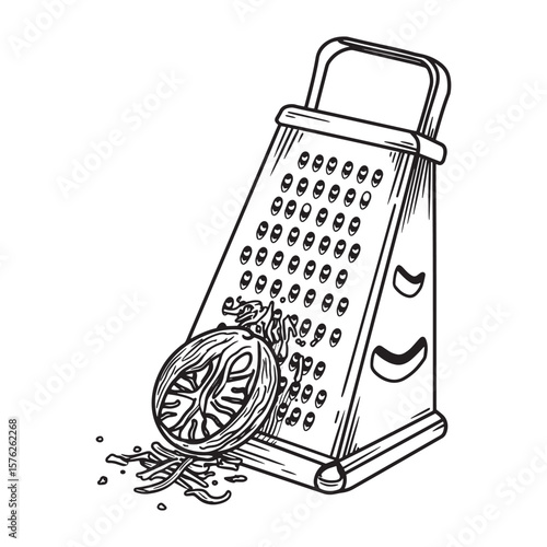 Hand drawn illustration of a grater grating nutmeg on a clean white background.