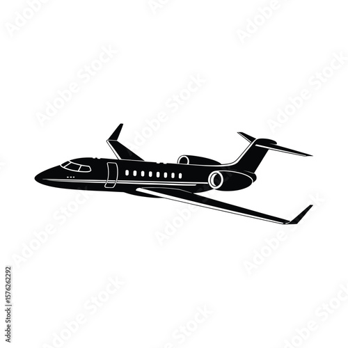 Sleek private jet aircraft in silhouette isolated on white background