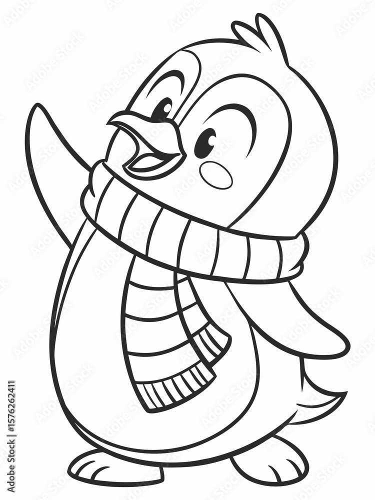 Obraz premium A chubby little penguin wearing a striped scarf, waving hello. Outlined in clean black-and-white line art, with a cute and simple style for preschool coloring books