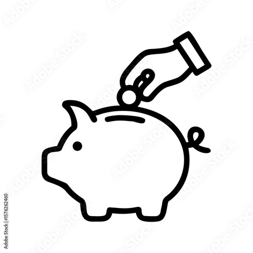 Hand inserting coin into piggy bank in minimalist line art style  