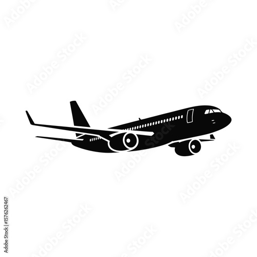 Black silhouette of a modern passenger jet airplane isolated on white background silhouette