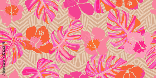 Hand drawn tropical flowers with ethnic backgrounds. Seamless floral patterns for fabric, textiles, clothing, packaging, cover, banner, wallpaper, interior decor. vector illustration.