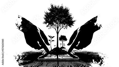 Silhouetted hands nurturing a growing tree on a circuit board, representing the fusion of technology and nature