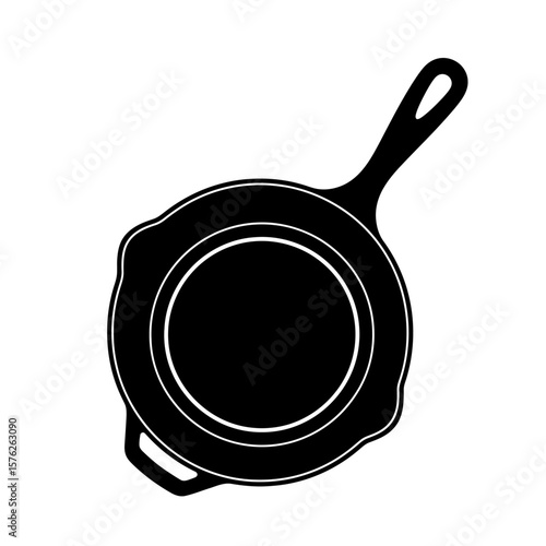 Isolated black cast iron skillet with handle and helper handle illustration