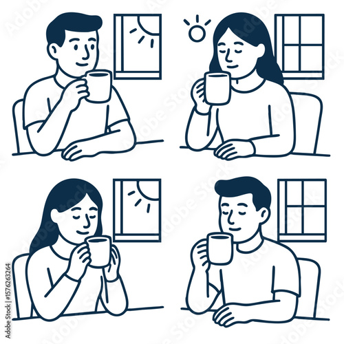 Enjoying warm beverage, these characters express calm and contentment in cozy setting