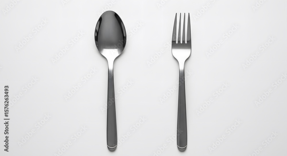 High-angle view of a spoon and fork on a white surface. High-angle view of a spoon and fork on a white surface.