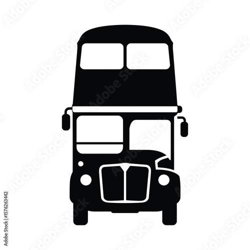 Front view of a black double decker bus silhouette isolated on white background