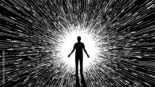 A solitary figure stands silhouetted against a brilliant burst of light and abstract lines, symbolizing transformation or a journey