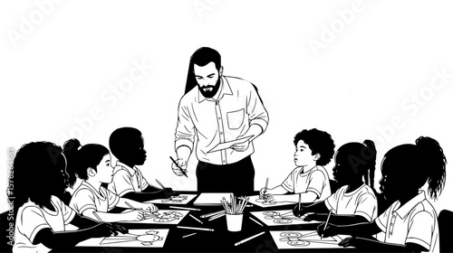 A teacher instructs a diverse classroom of students in an art project, creating a focused and creative learning atmosphere.