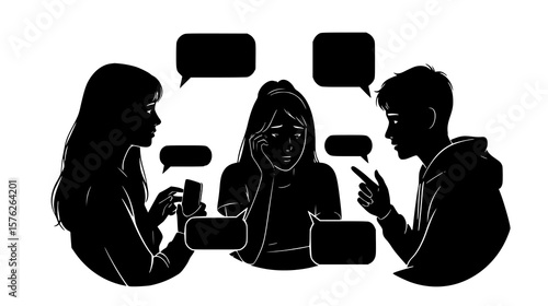 Silhouetted figures of teenagers interacting with their phones, with a central figure appearing distressed