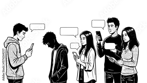 People engrossed in mobile phones in line